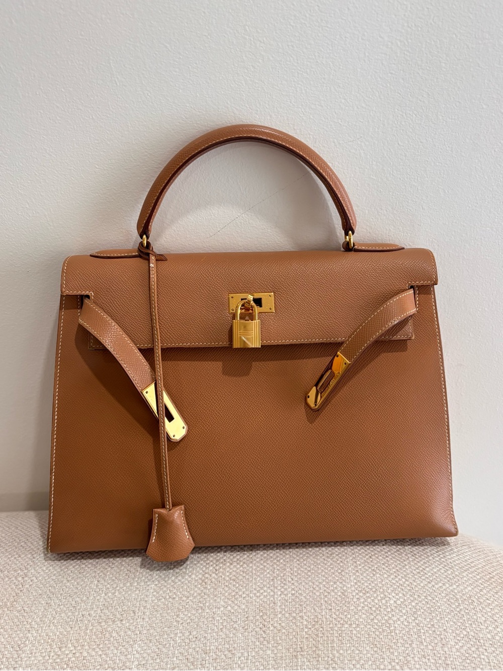 Authentic HERMES KELLY 32 courchevel leather natural brown
